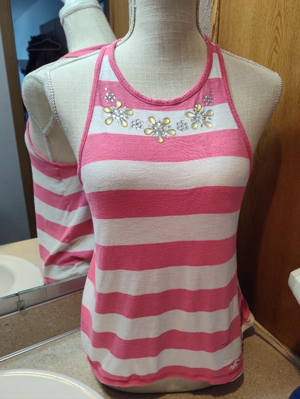 Hollister Pink and White Striped Halter Tank with Jeweled Floral Neckline